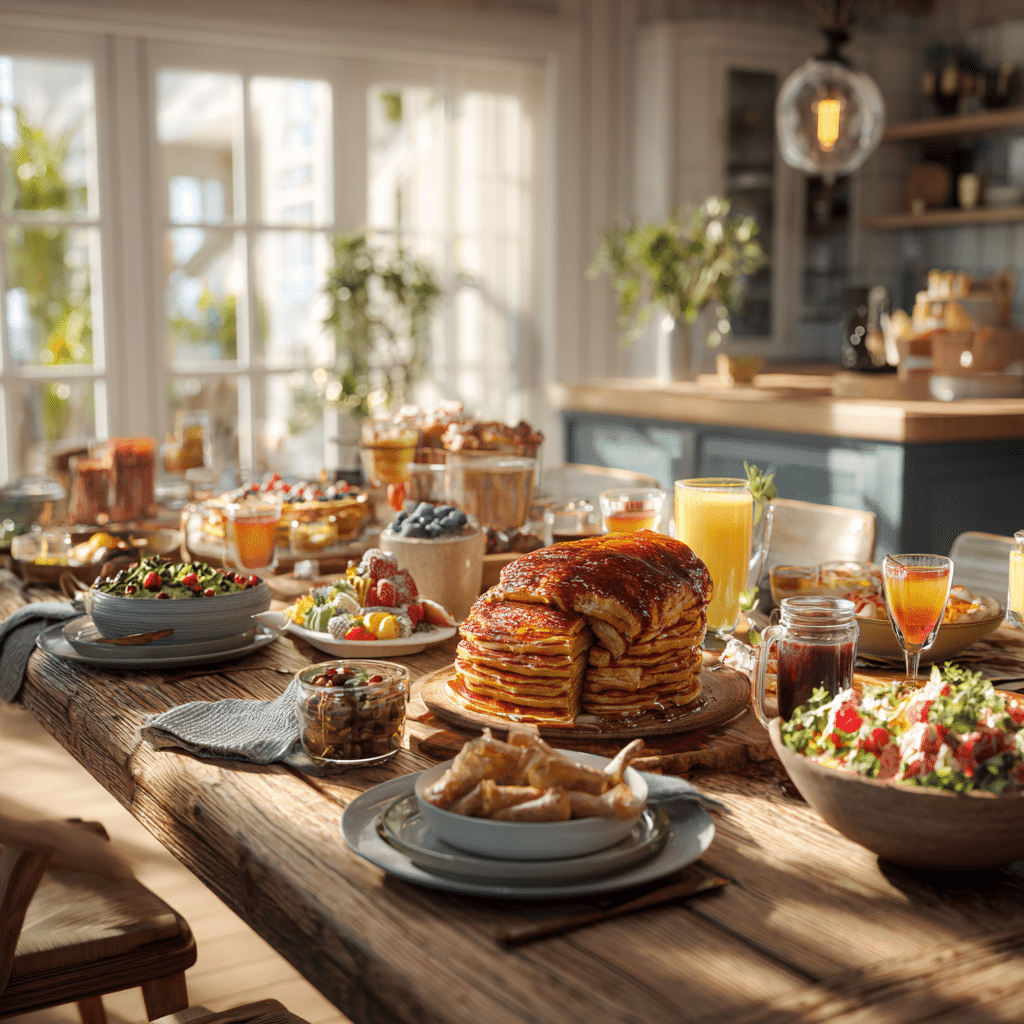 American kitchen spread with roasted chicken, pancakes, cakes, and fresh juices