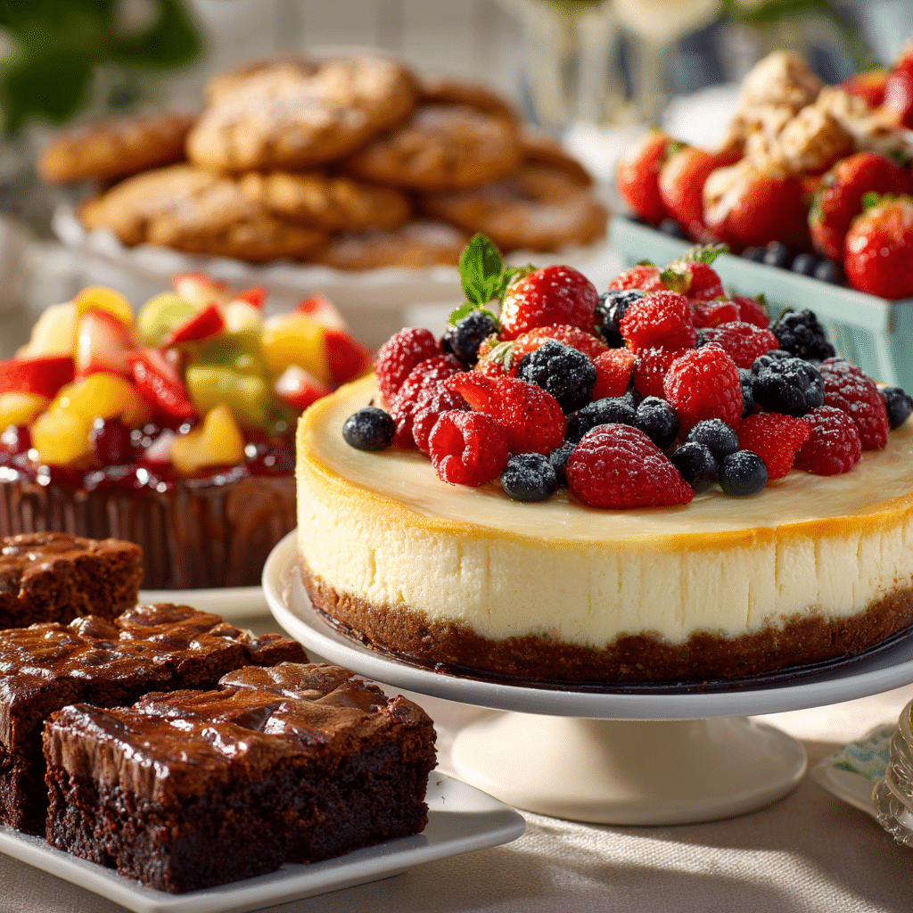 Homemade brownies and cheesecake with fresh berries