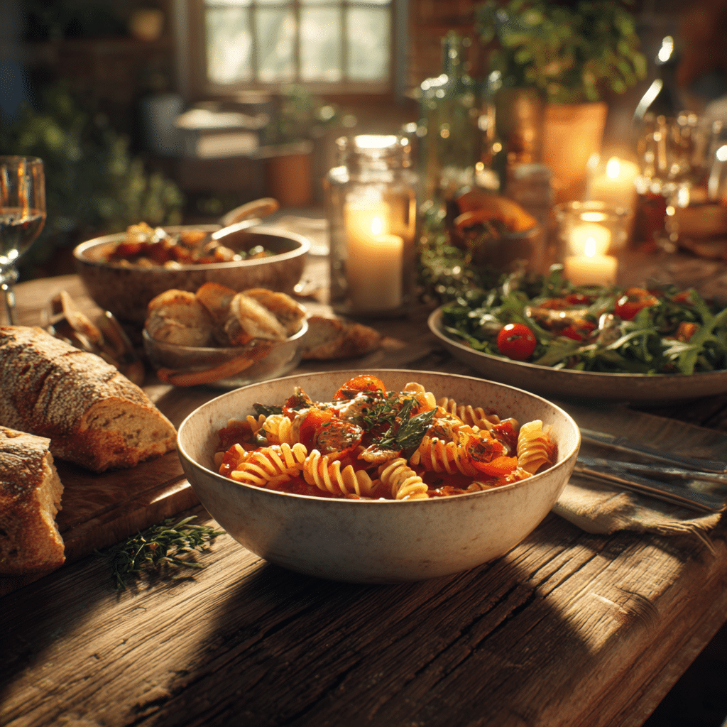 Hearty American dinner with pasta, salad, and bread