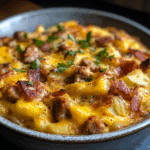 Breakfast Casserole with Turkey Sausage, Smoked Turkey Bacon and Cheddar Cheese