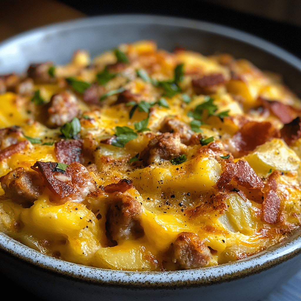 Breakfast Casserole with Turkey Sausage, Smoked Turkey Bacon and Cheddar Cheese