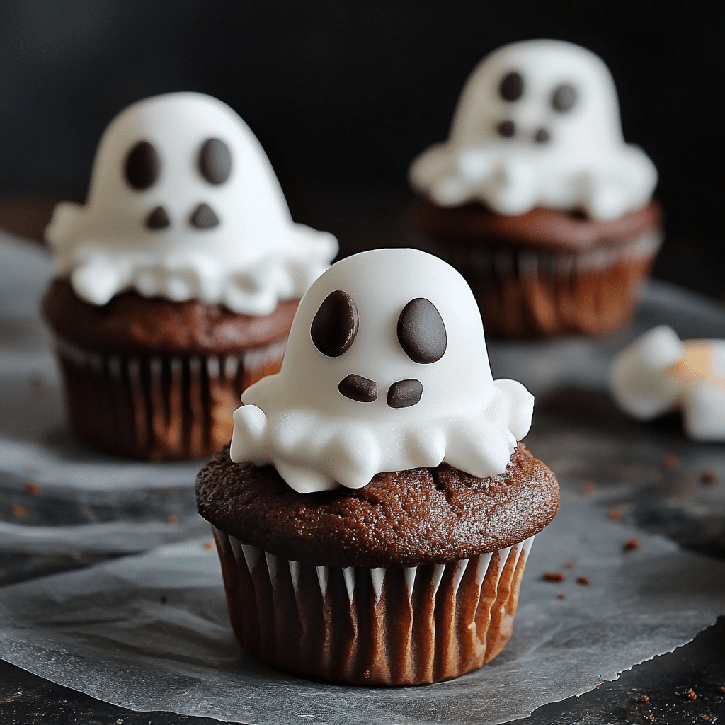 Chocolate Ghost Cupcakes with Marshmallow Frosting