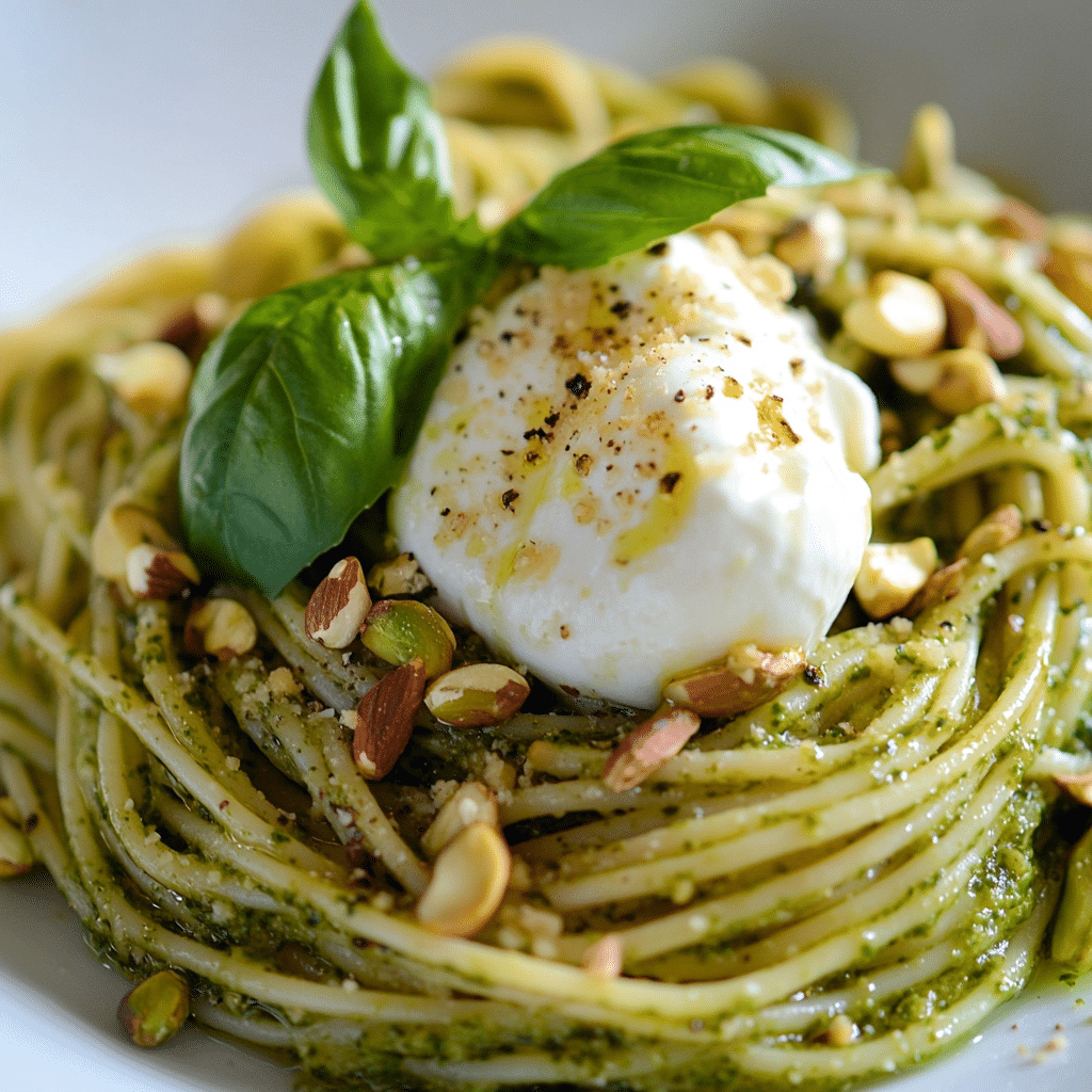 Creamy Pistachio Pesto Pasta with Burrata Cheese