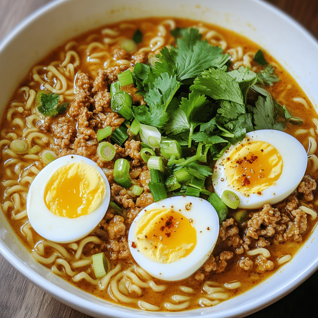 Curry Ramen with Ground Turkey and Soft Boiled Eggs