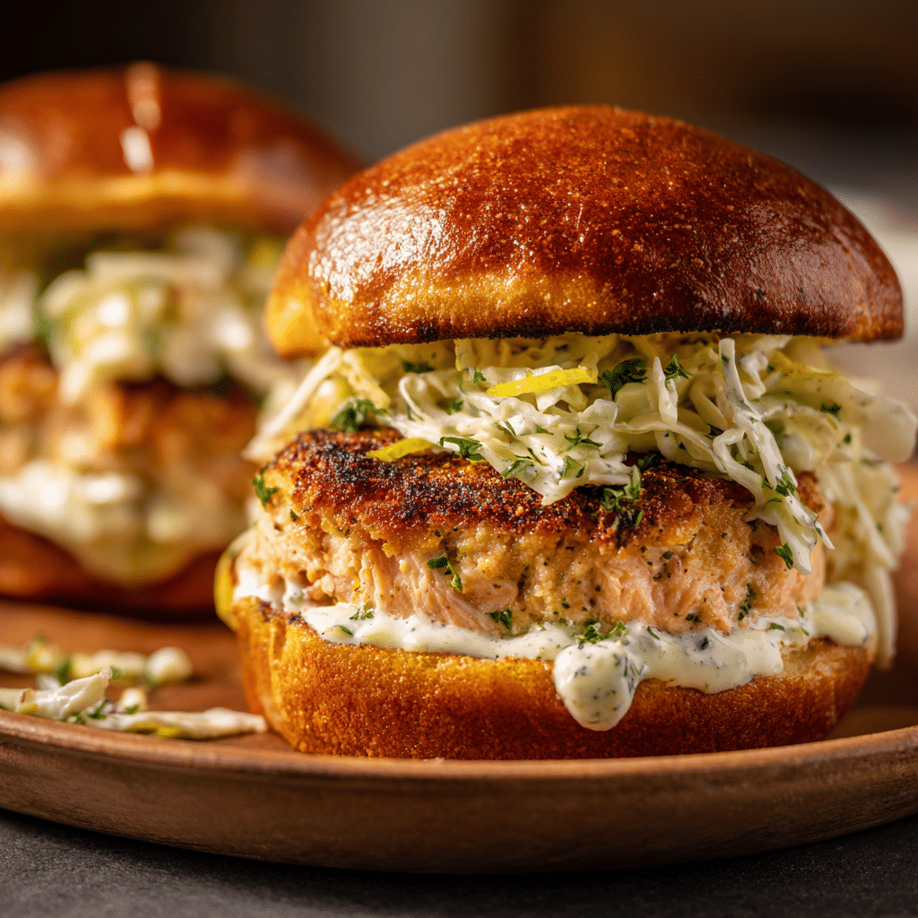 Salmon Burgers with Creamy Cabbage Slaw