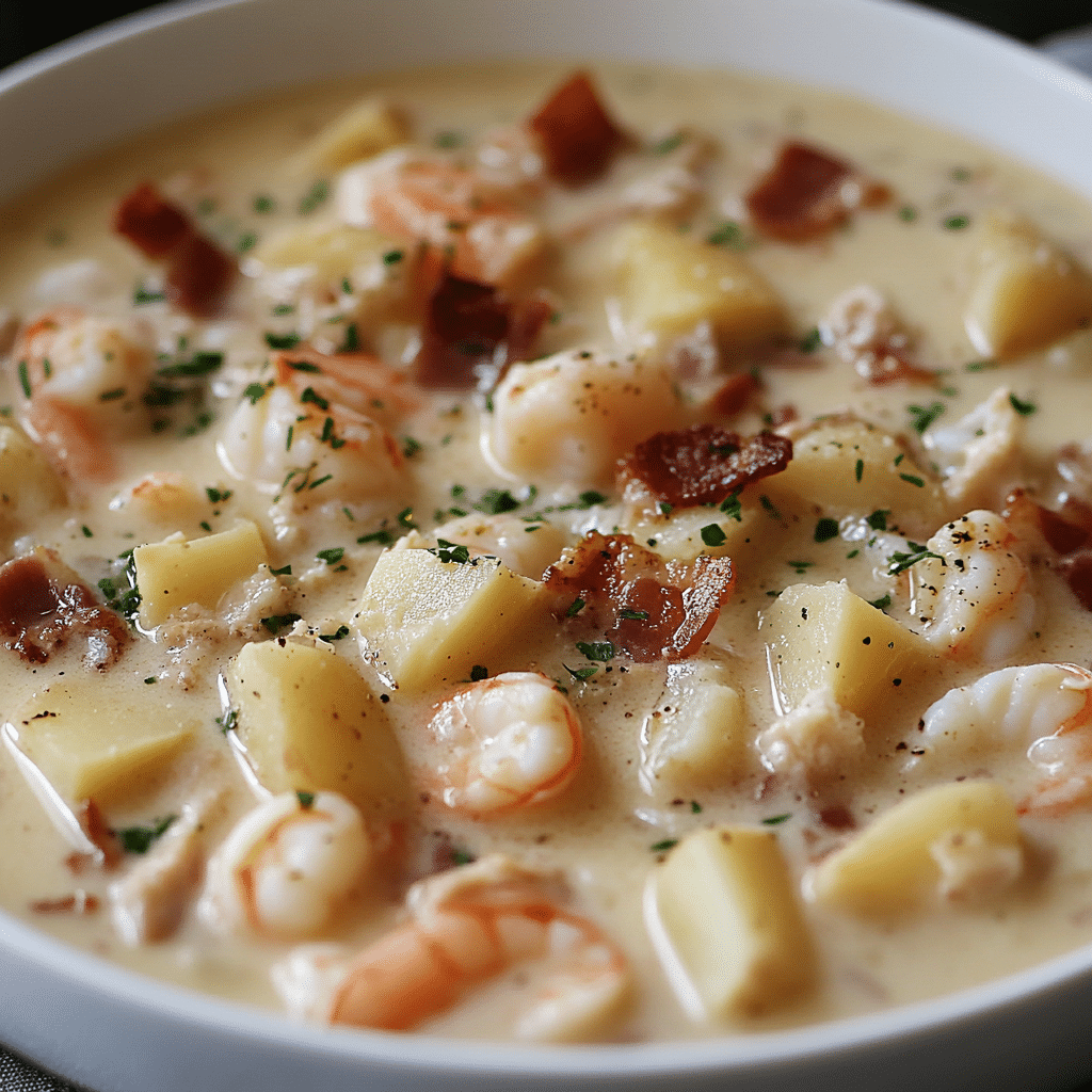 Seafood Chowder with Creamy Potatoes and Smoked Turkey Bacon