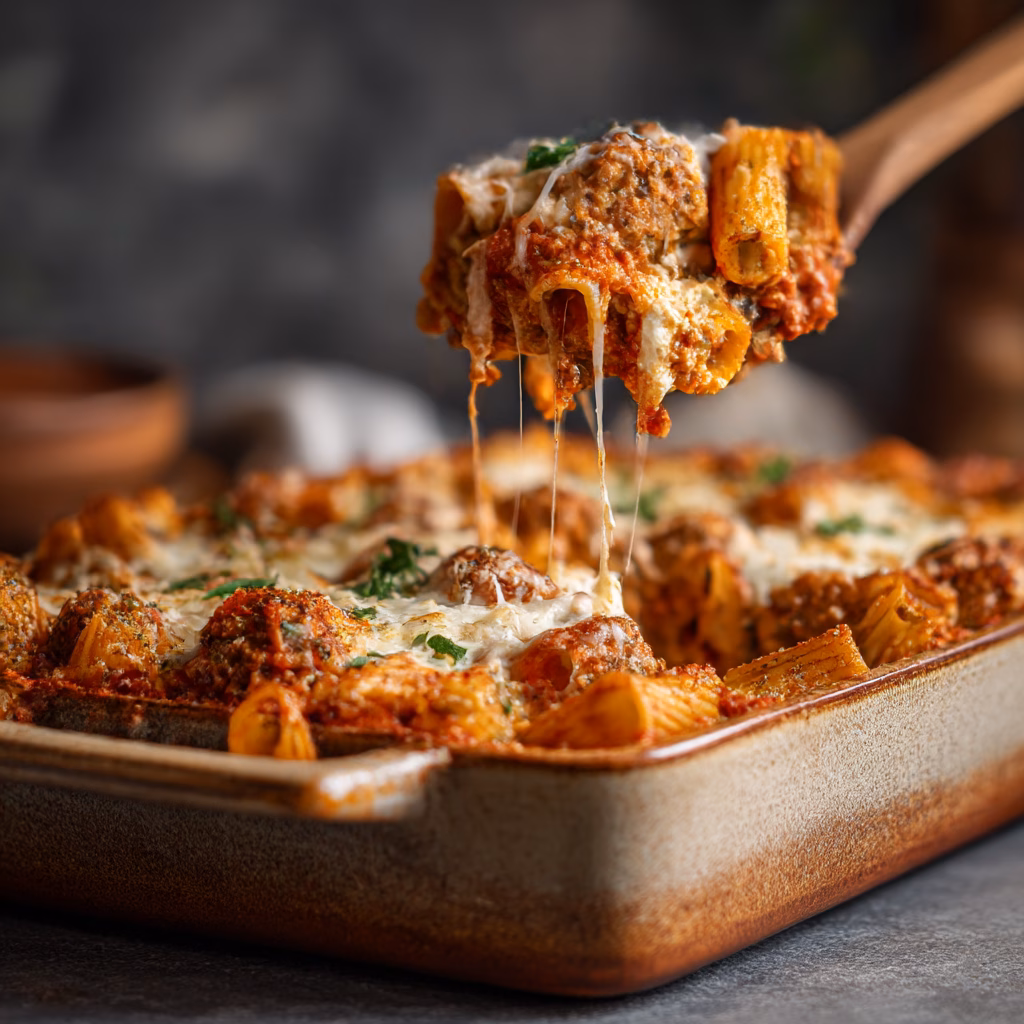 Baked Rigatoni with Turkey Sausage and Mozzarella