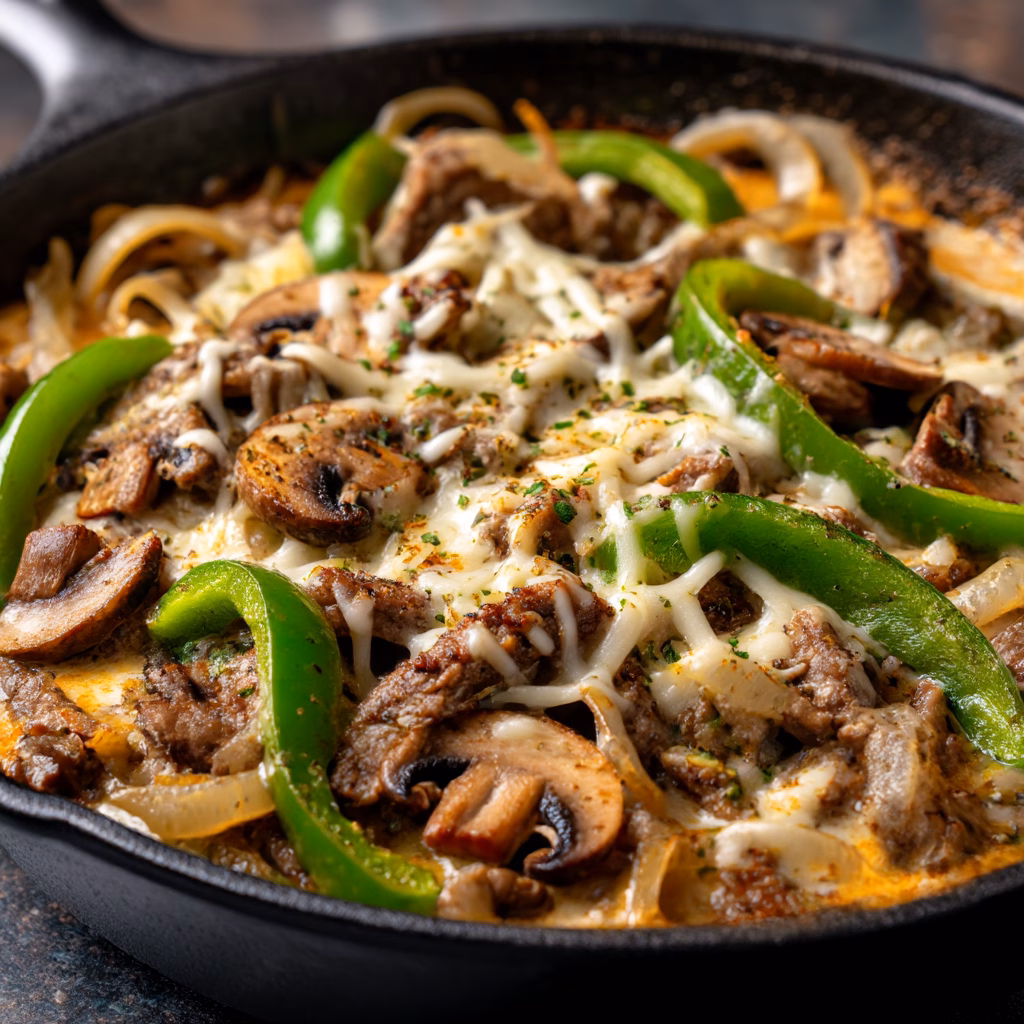 Philly Cheesesteak Skillet with Peppers and Mushrooms